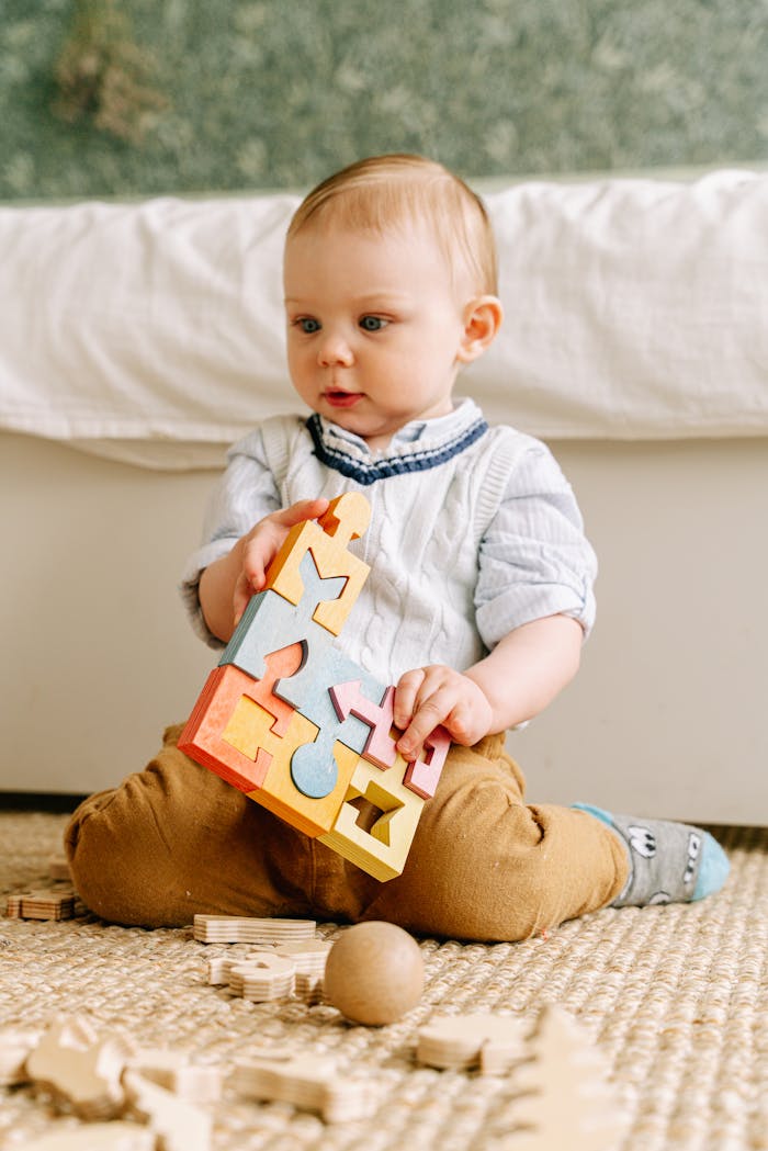 Cute baby in a home setting plays with a colorful wooden puzzle on the floor.